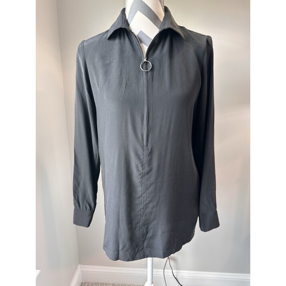 Maje 100% Silk Black Half Zip Blouse Long Sleeve O Ring Pull Top French 1 US M